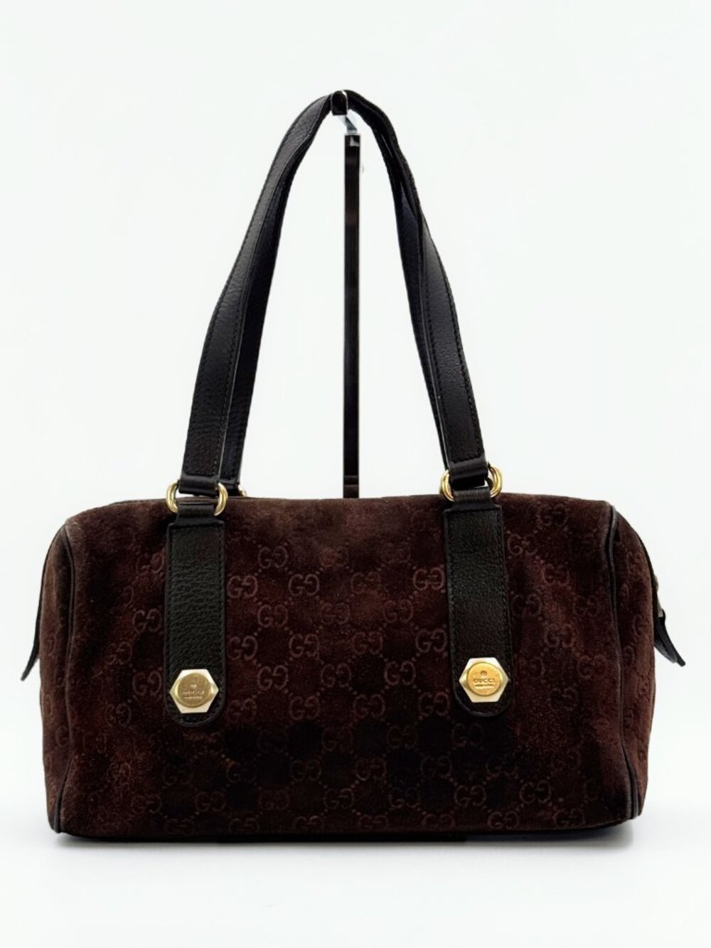 Gucci Vintage GG Monogram Suede Boston Shoulder Bag Brown Leather - Picture 3 of 13
